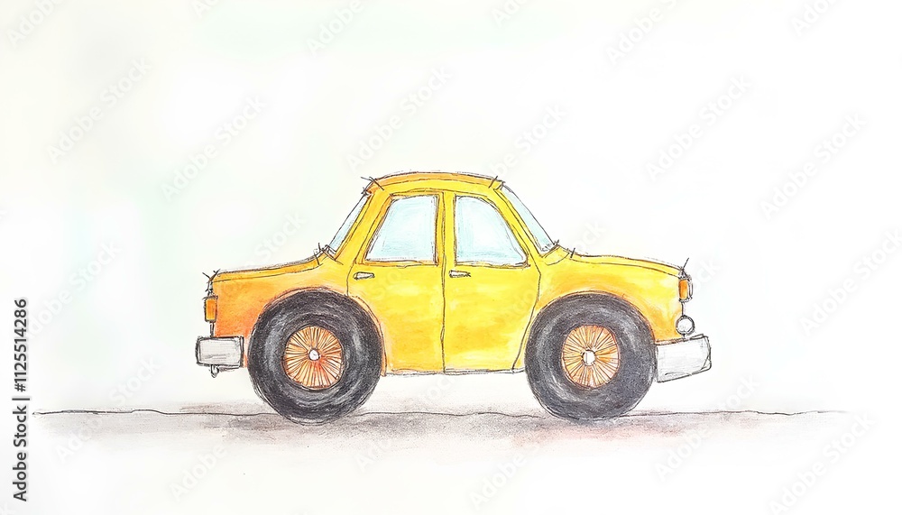 Fototapeta premium The image depicts a hand-drawn illustration of a vibrant yellow car. The design has a whimsical and cartoonish style, with exaggerated features such as oversized wheels and bold outlines. The car’s bo