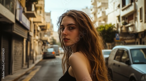 Woman with long brown hair is standing on a city street