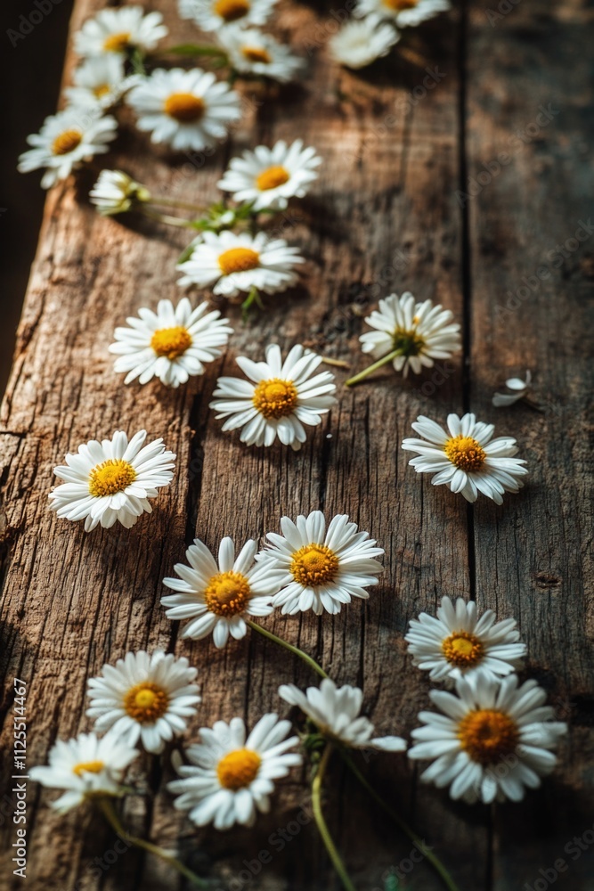 Obraz premium A wooden table decorated with a beautiful arrangement of white flowers, ideal for events and celebrations