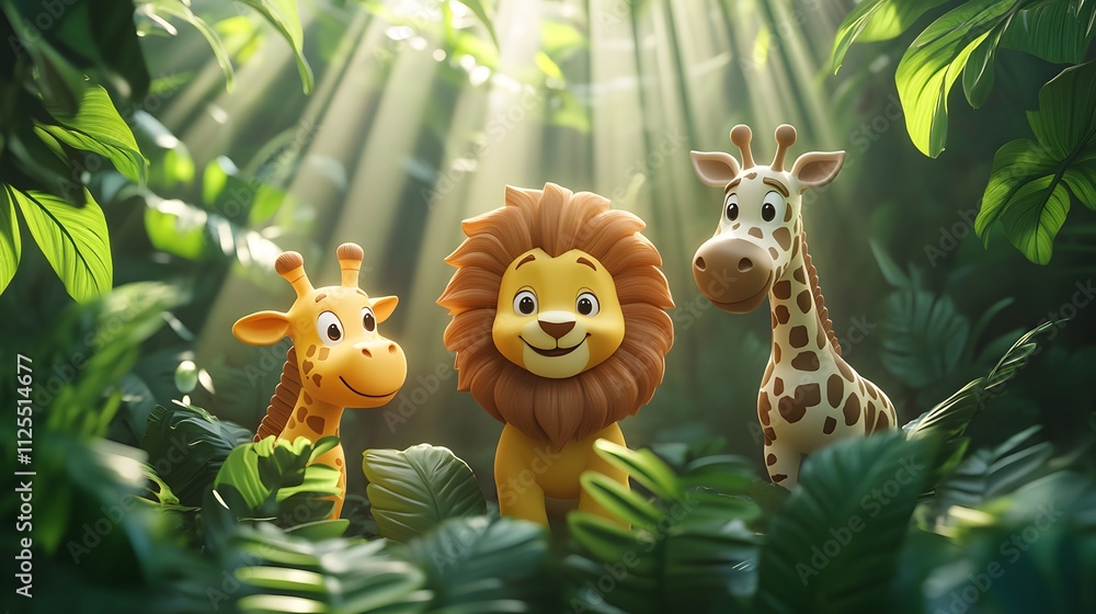 Fototapeta premium Vivid jungle animal scene surrounded by dense foliage, vibrant flower, and a playful cartoonish touch