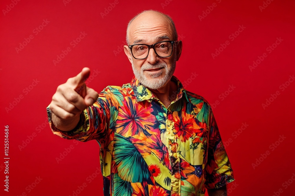 Fototapeta premium Photo of funny stylish aged man point fingers you wear colorful shirt isolated on red background