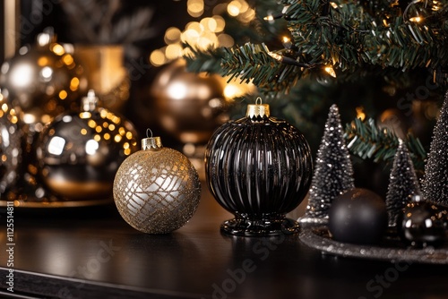 A beautiful black and gold decorated Christmas tree with ornaments photo