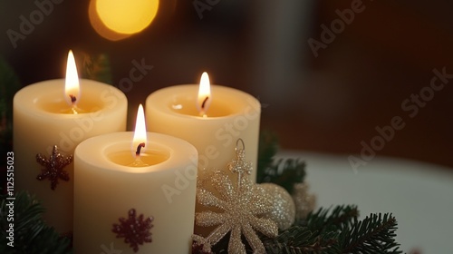 A group of three candles sit on a table, providing soft light