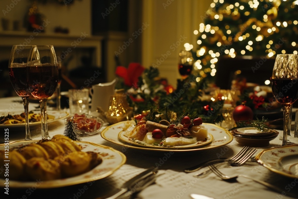A festive dinner table with a Christmas tree in the background, perfect for holiday gatherings and celebrations A festive dinner table with a Christmas tree in the background, perfect for holiday gatherings and celebrations