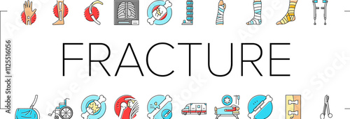 fracture injury bone break icons set vector. trauma healing, cast pain, recovery splint, orthopedic x ray, dislocation fracture injury bone break color line illustrations