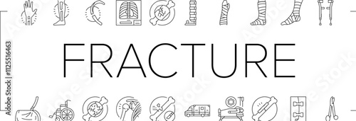 fracture injury bone break icons set vector. trauma healing, cast pain, recovery splint, orthopedic x ray, dislocation fracture injury bone break black contour illustrations