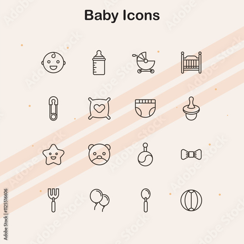 Icons of baby items and related themes for childcare