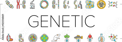genetic engineering crispr genome icons set vector. dna editing, biotechnology genes, mutation cloning, transgenic bioinformatics genetic engineering crispr genome color line illustrations