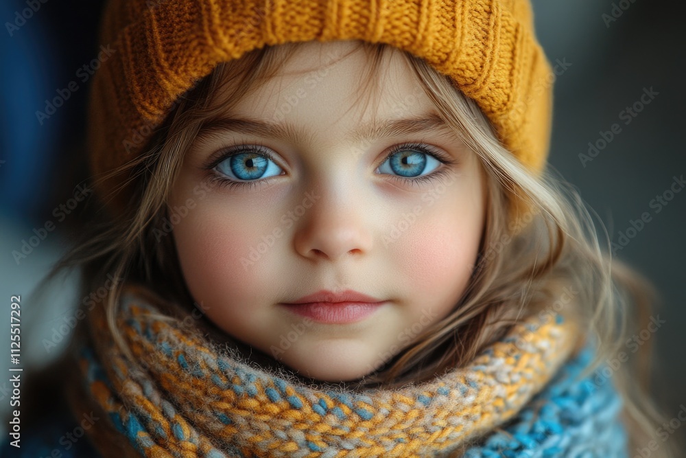 A young child wears a hat and scarf in a close-up shot A young child wears a hat and scarf in a close-up shot