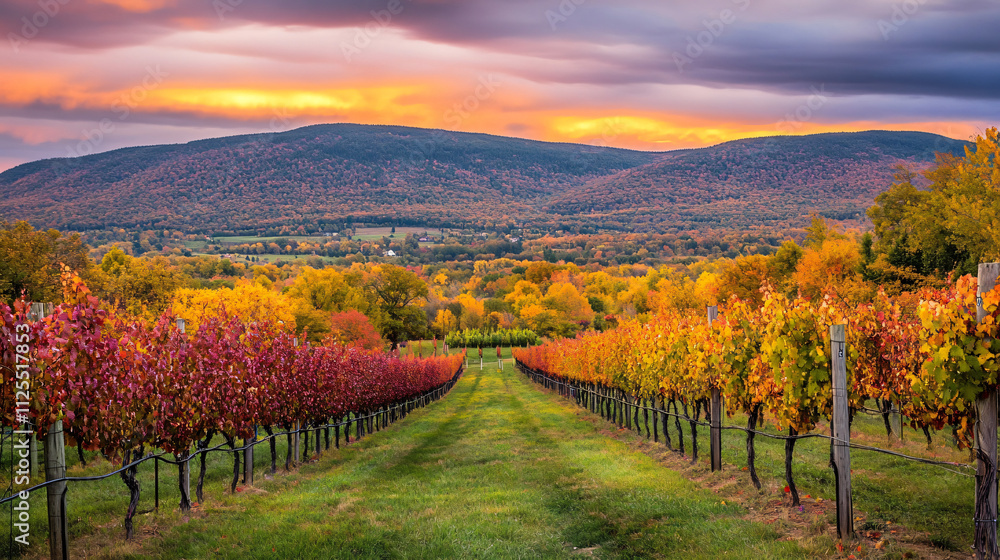 Fototapeta premium Rows of grapevines in a vineyard surrounded by colorful autumn trees and distant hills