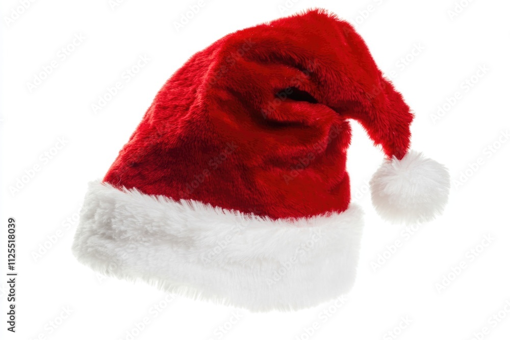 A festive red Santa hat adorned with white fur on a clean white background, perfect for holiday-themed designs A festive red Santa hat adorned with white fur on a clean white background, perfect for holiday-themed designs