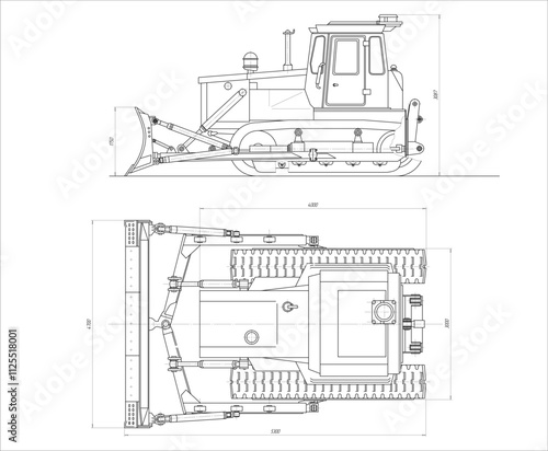 Vector earthmoving machine bulldozer. 
Technical drawing of tractor.
Engineering mechanical design of excavator
with dimension lines. Industrial 
cad scheme on white paper sheet. Technology background