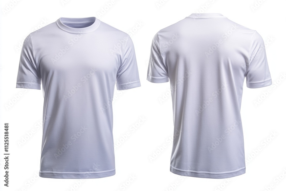 A pair of white t-shirts sitting on a plain white surface A pair of white t-shirts sitting on a plain white surface