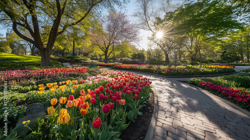 Obraz premium Tulipany w żywych barwach rozkwitają w jasnym, zielonym otoczeniu parku.
