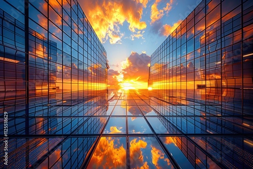 A glass building with a beautiful sunset behind, informative and clear description about what pictured on image and a short advice where may be used this picture photo