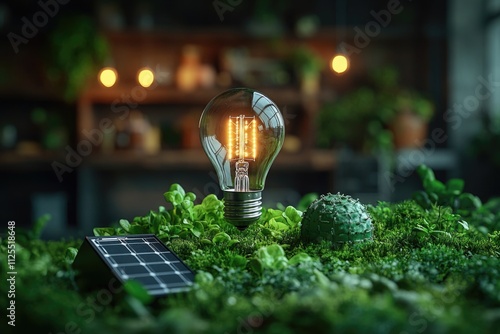 A lone light bulb sits atop a lush green field, ideal for outdoor or nature-inspired designs photo