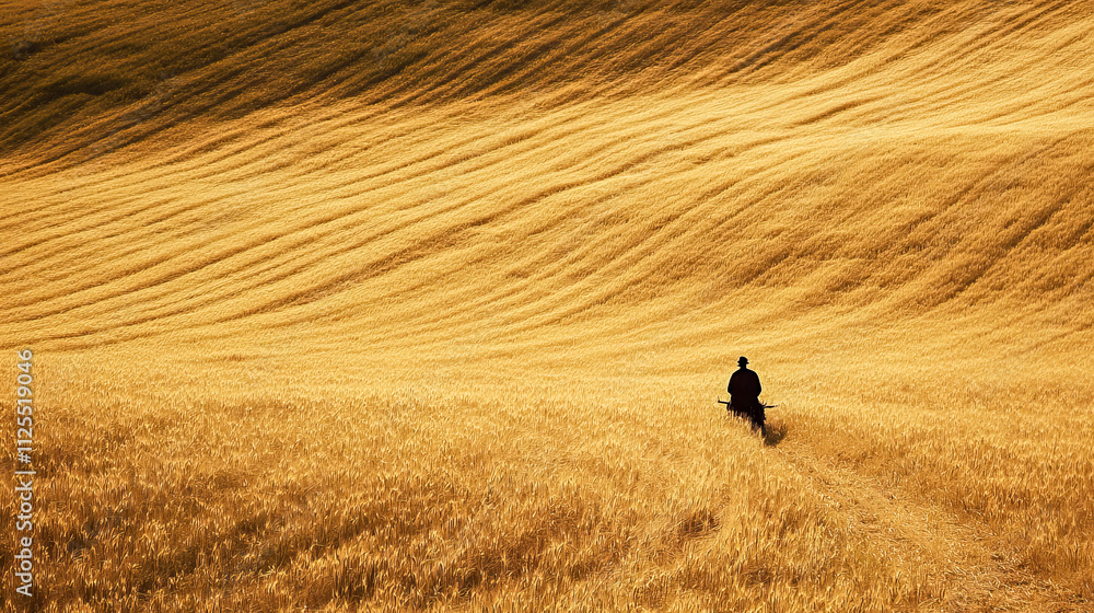 Obraz premium Solitary figure on bicycle in golden wheat field at sunset
