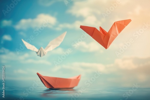 Two handmade origami boats float on calm ocean waters, suitable for use as a metaphor or decorative element photo