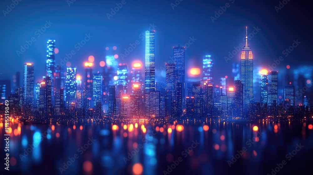 Fototapeta premium Cityscape at night with lights reflecting off the water's surface, great for urban and nighttime themed projects