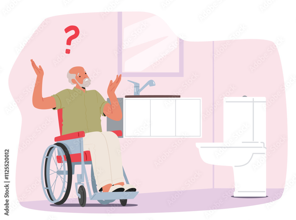 Displeased senior man cartoon character in wheelchair discouraged by inability to use toilet Displeased senior man cartoon character in wheelchair discouraged by inability to use toilet