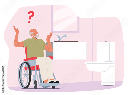 Displeased senior man cartoon character in wheelchair discouraged by inability to use toilet