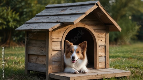 Adorable dog inside wooden dog house in a garden.