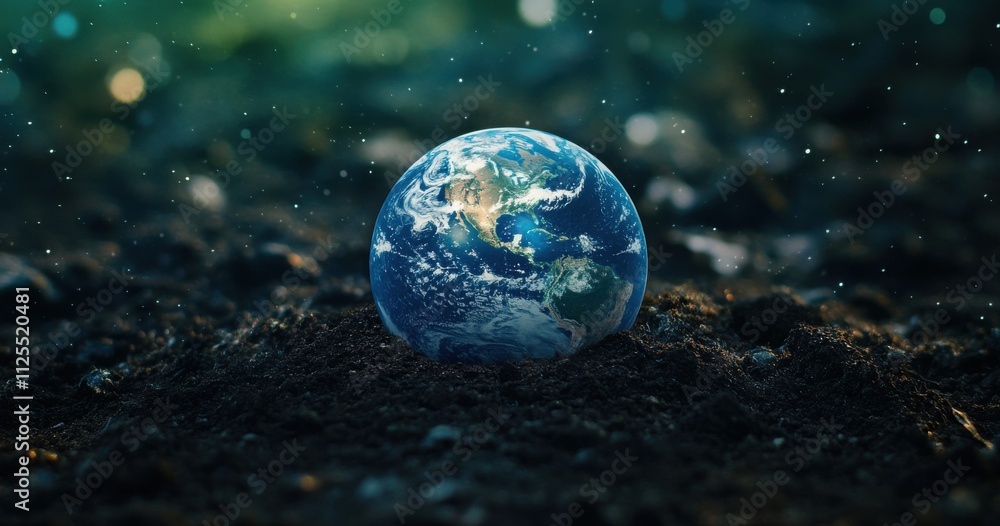 A Beautiful View of Earth on a Dark Soil Surface Surrounded by Sparkling Dust Particles Illustrating the Fragility and Beauty of Our Planet in a Mystical Atmosphere A Beautiful View of Earth on a Dark Soil Surface Surrounded by Sparkling Dust Particles Illustrating the Fragility and Beauty of Our Planet in a Mystical Atmosphere
