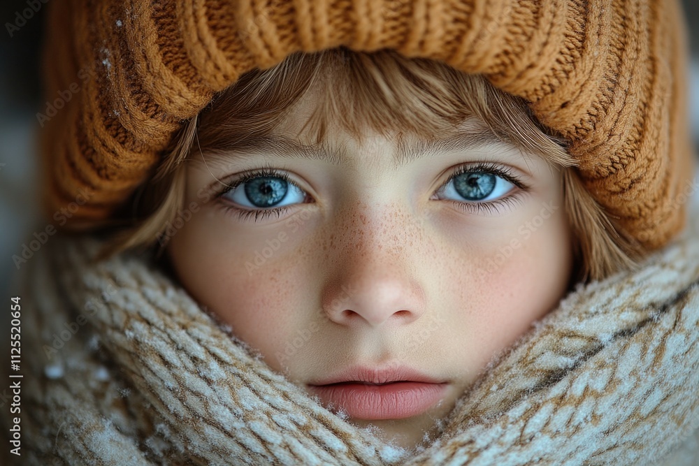 A young child wearing a warm and cozy knitted hat and scarf for cold weather A young child wearing a warm and cozy knitted hat and scarf for cold weather