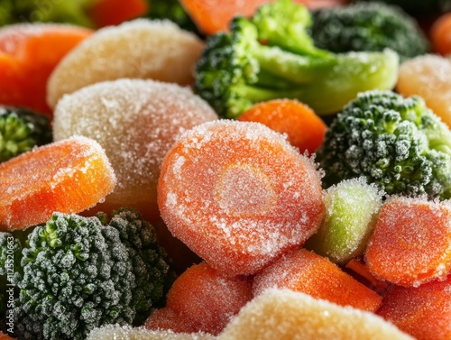 Close-up of frozen mixed vegetables: carrots, broccoli, and cauliflower.