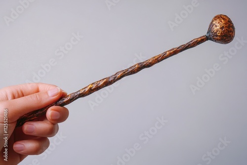 A person's hand grasping a wooden stick featuring a distinctive knot