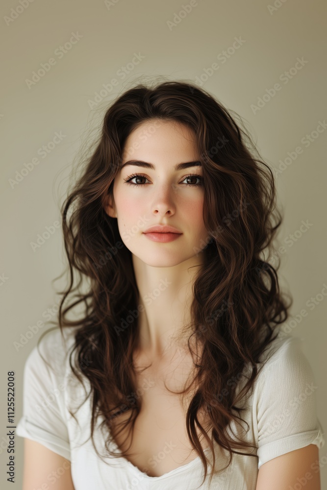 A large portrait of a young European woman with brown eyes and hairstyle, in white clothes. Close-up beauty studio portrait with natural makeup, looking forward into the camera on a light background A large portrait of a young European woman with brown eyes and hairstyle, in white clothes. Close-up beauty studio portrait with natural makeup, looking forward into the camera on a light background