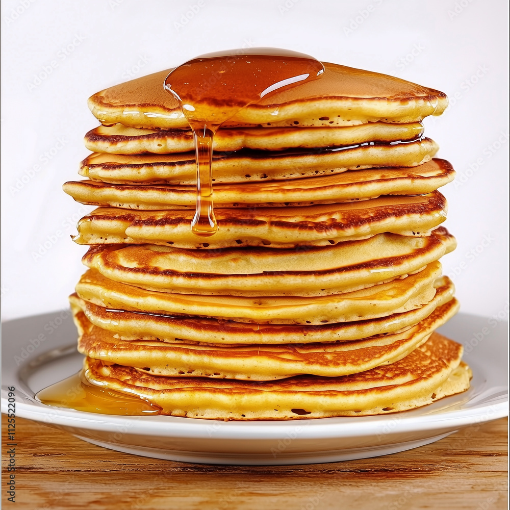 Stack of Golden Pancakes Drizzled With Syrup on a Wooden Table.
Stack of Golden Pancakes Drizzled With Syrup on a Wooden Table.