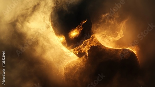 Fire demon emerging from smoke and flames