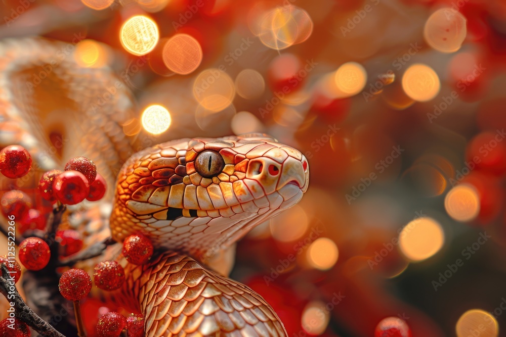 A close-up shot of a snake coiled around a tree branch, highlighting its texture and pattern A close-up shot of a snake coiled around a tree branch, highlighting its texture and pattern