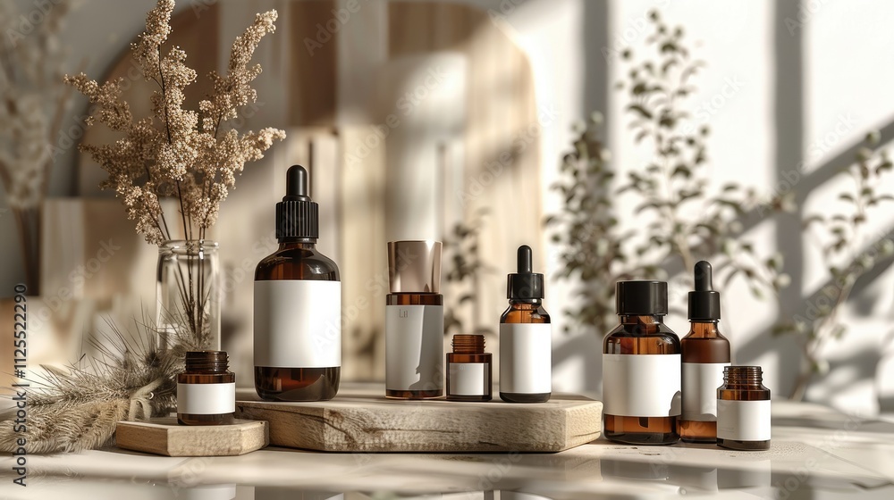 Amber glass bottles with blank labels on wooden surface, sunlight. Amber glass bottles with blank labels on wooden surface, sunlight.