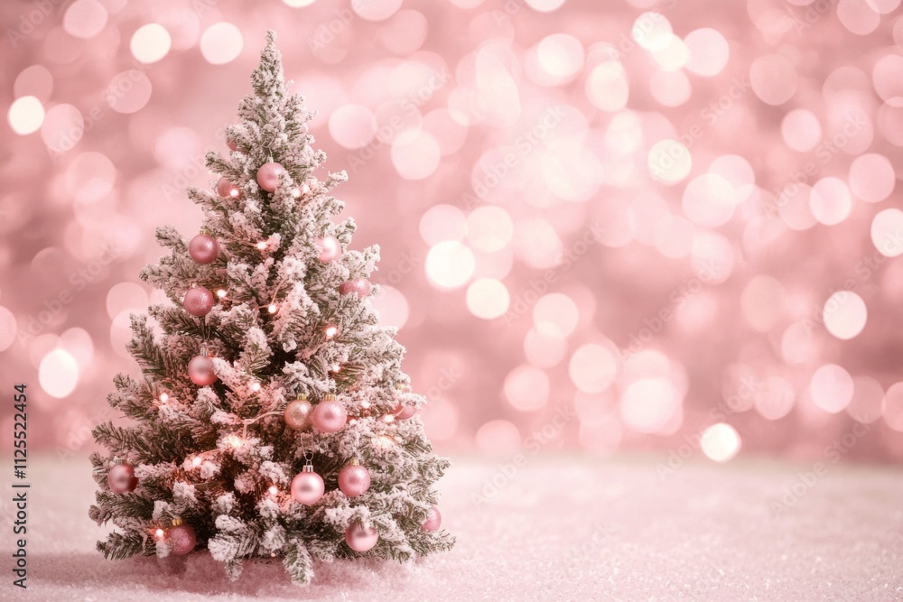 A beautifully decorated pink Christmas tree is adorned with frosted snow and shimmering pink baubles, set against a softly glowing, festive background. A beautifully decorated pink Christmas tree is adorned with frosted snow and shimmering pink baubles, set against a softly glowing, festive background.