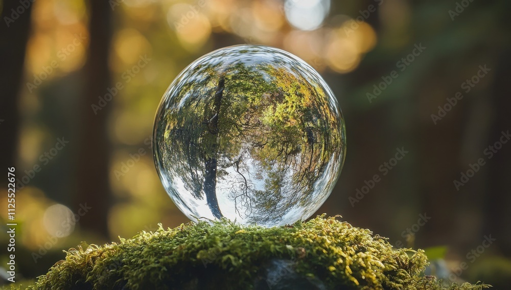 A Crystal Sphere Reflecting Nature's Colors Amidst a Lush Forest Floor Surrounded by Vibrant Green Moss and Dappled Sunlight Through the Leaves A Crystal Sphere Reflecting Nature's Colors Amidst a Lush Forest Floor Surrounded by Vibrant Green Moss and Dappled Sunlight Through the Leaves