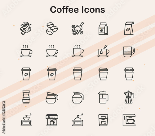 Illustrative icons of coffee-related items for cafe  beverage branding  and coffee drink visuals.