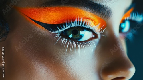 A close-up shot of an eye featuring striking orange and white makeup with defined black lines, highlighting an avant-garde approach to cosmetic artistry and style. photo