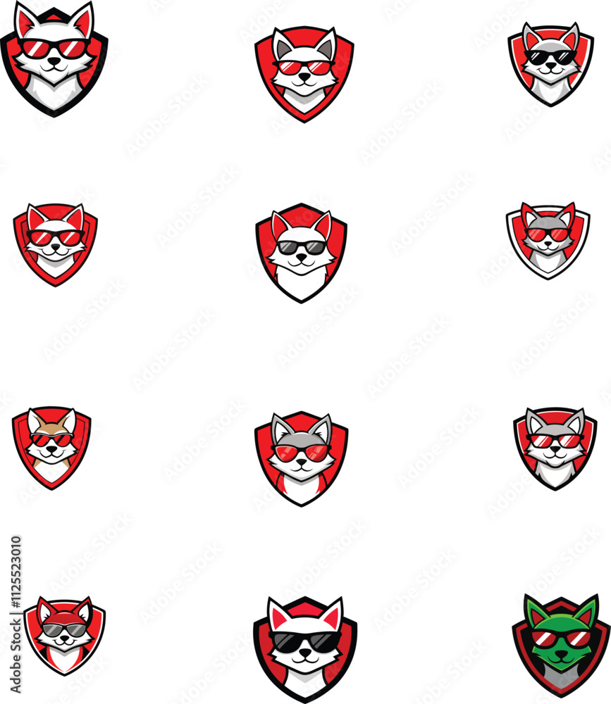cat head mascot with red sunglasses vector logo design vector illustration with shield on white cat head mascot with red sunglasses vector logo design vector illustration with shield on white