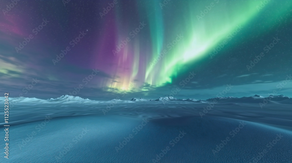 The Aurora Borealis combining purple and green hues, a stunning phenomenon in the night sky, with endless snowy expanses stretching below. The Aurora Borealis combining purple and green hues, a stunning phenomenon in the night sky, with endless snowy expanses stretching below.