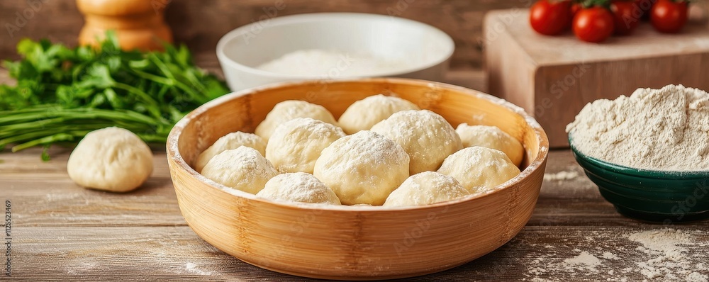 Chinese New Year and dumpling tradition. Fresh dumpling dough in a wooden bowl surrounded by ingredients. Chinese New Year and dumpling tradition. Fresh dumpling dough in a wooden bowl surrounded by ingredients.