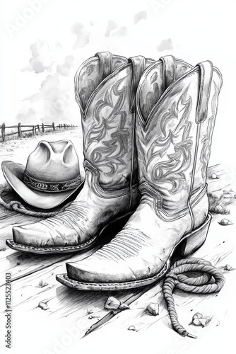 Artistic illustration of cowboy boots and hat set against a scenic backdrop, capturing the essence of country living and rugged outdoor lifestyle beautifully.