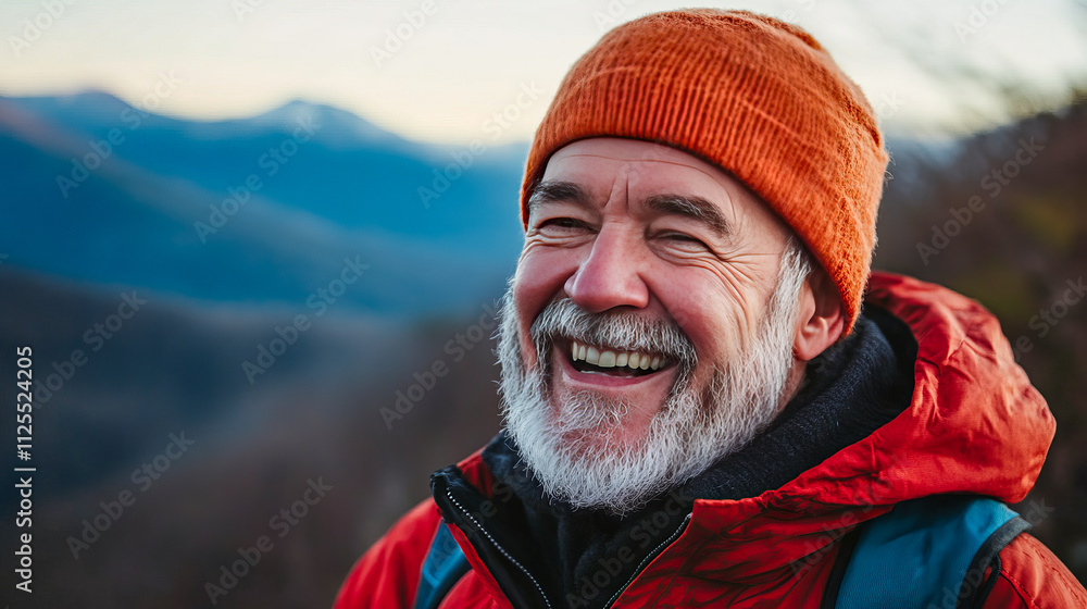 Elderly caucasian male smiling in outdoors with orange beanie and red jacket Elderly caucasian male smiling in outdoors with orange beanie and red jacket