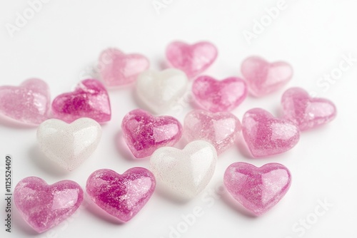 A collection of pink and white hearts arranged on a white background