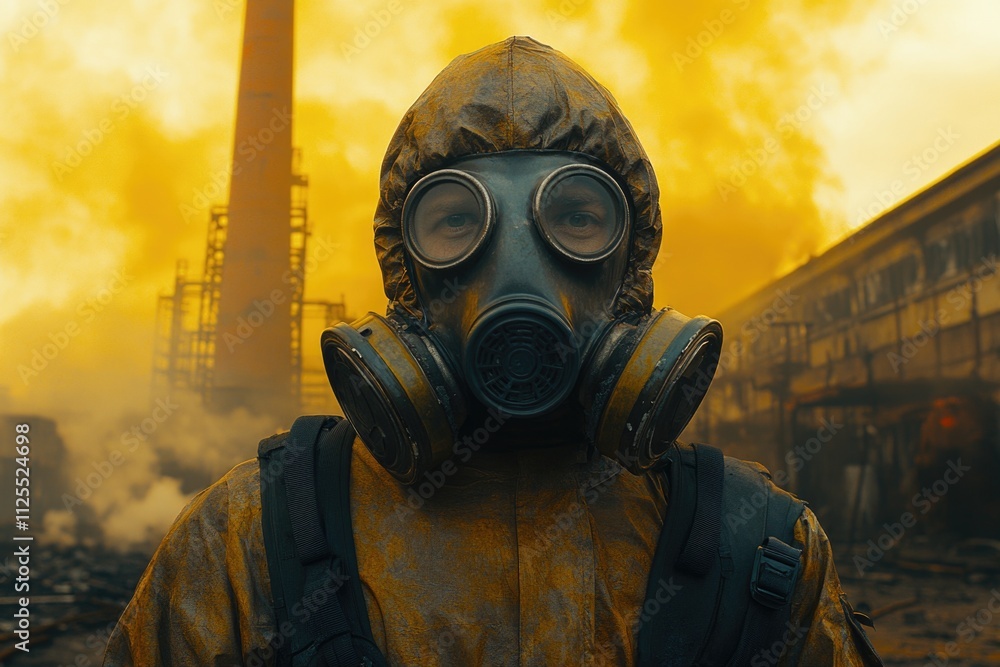 A man wearing a protective gas mask stands outside a factory, highlighting industrial safety and environmental concerns
