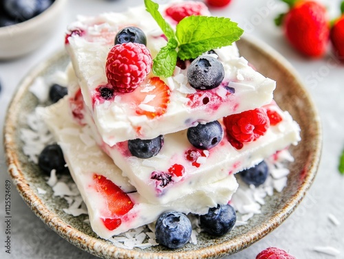 Stacked frozen yogurt bark with vibrant mixed berries, including raspberries, blueberries, and strawberries, on a rustic ceramic plate. Garnished with fresh mint leaves and coconut flakes