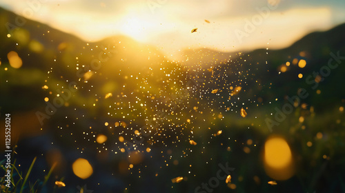 Microparticles in the air, circular in shape, visible under the sunlight. These microparticles float through the air, gradually becoming visible in the light. photo