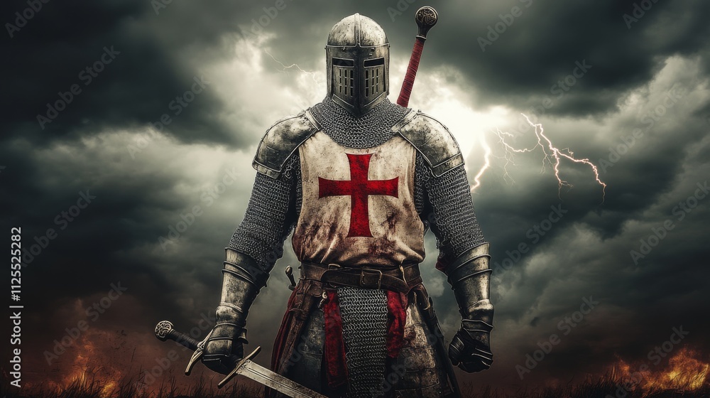 A medieval knight clad in chainmail and armor, bearing a sword with a bold red cross, stands resolute under a dramatic stormy sky, symbolizing bravery and strength. A medieval knight clad in chainmail and armor, bearing a sword with a bold red cross, stands resolute under a dramatic stormy sky, symbolizing bravery and strength.