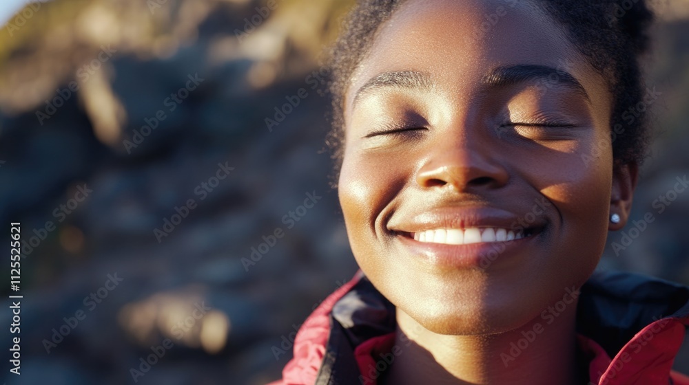 A happy woman relaxing with her eyes shut, suggesting contentment and serenity A happy woman relaxing with her eyes shut, suggesting contentment and serenity